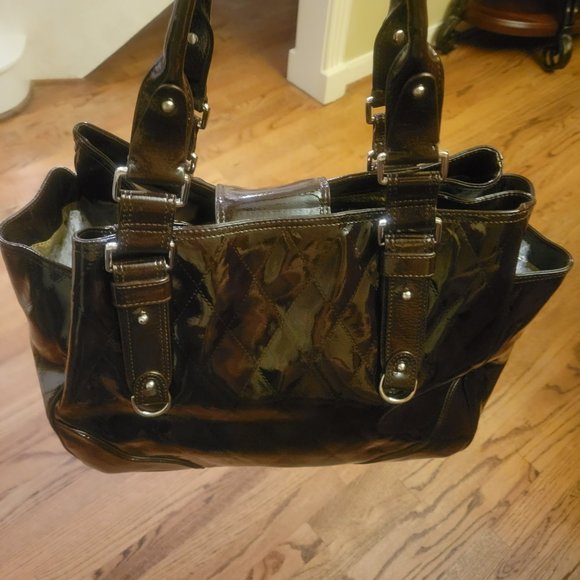 Vittadini XL Tote Bag Weekender Travel Bag Diaper Bag Brown Patent Leather - Picture 7 of 16